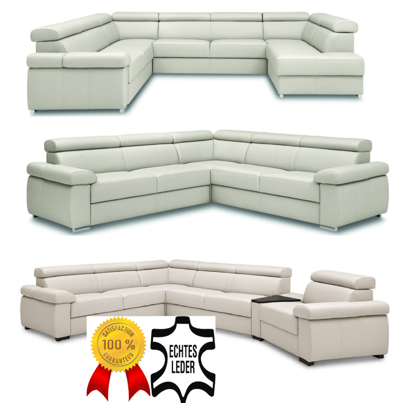 MODELL "ZOOM", ECKSOFA 3F+E+2,5BK+E+1BK MIT BETTFUNKTION UND STAURAUM , IN ECHTLEDER ( NATURELLE , freie Farbwahl ) !