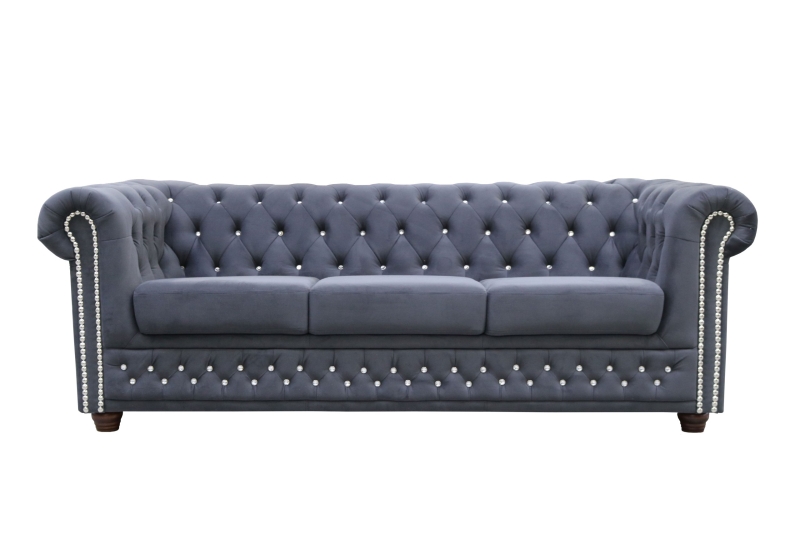 MODELL:  " CHESTERFIELD MIT KRISTALLSTEINEN “  3 - SITZER SOFA MIT BETTFUNKTION IN STOFF "AMORE" PREMIUM