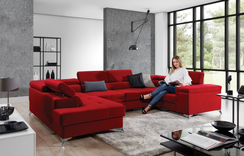 MODELL „THIAGO“ ECKSOFA IN U-FORM IN ROT SAMT  *)