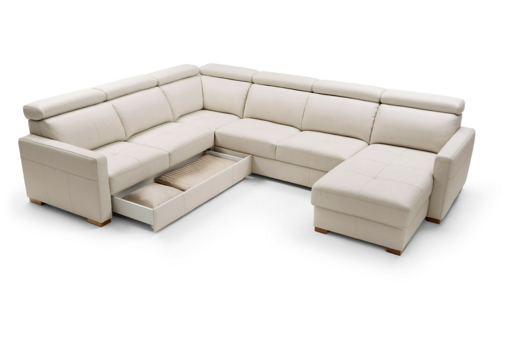 MODELL "ERGO", ECKSOFA U-FORM MIT BETTFUNKTION UND STAURAUM, IN ECHTLEDER ( PRESTIGE , freie Farbwahl ) !