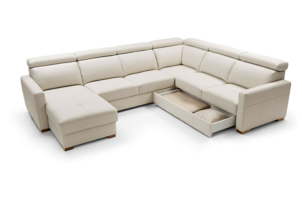 MODELL "ERGO", ECKSOFA U-FORM MIT BETTFUNKTION UND STAURAUM, IN ECHTLEDER ( PRESTIGE , freie Farbwahl ) !