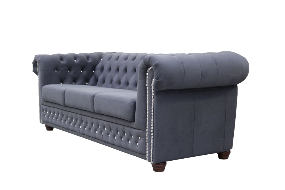 MODELL:  " CHESTERFIELD MIT KRISTALLSTEINEN “  3 - SITZER SOFA MIT BETTFUNKTION IN STOFF "AMORE" PREMIUM