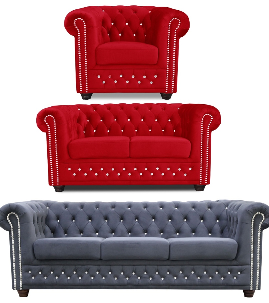 MODELL:  " CHESTERFIELD MIT KRISTALLSTEINEN “  SET: [  3 + 2 + 1 ]  IN STOFF "AMORE" PREMIUM