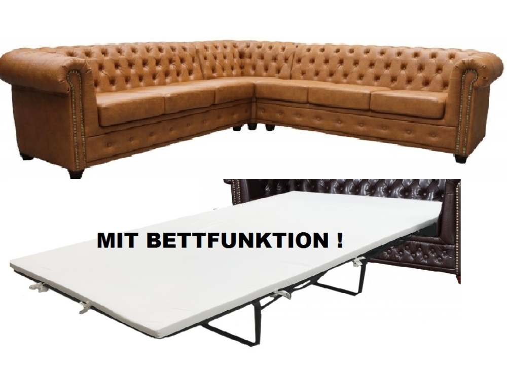 Modell " CHESTERFIELD 3 + E + 3 + BETT" MODULARES ECKSOFA MIT BETTFUNKTION IN LEDER LOOK PREMIUM