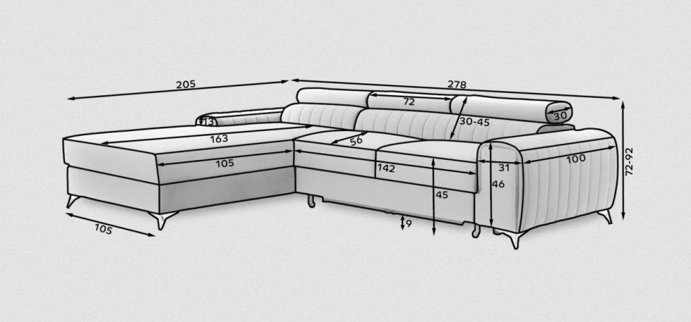 MODELL „LARGO “ ECKSOFA MIT BETTFUNKTION IN STOFF „VELVET“ PREMIUM