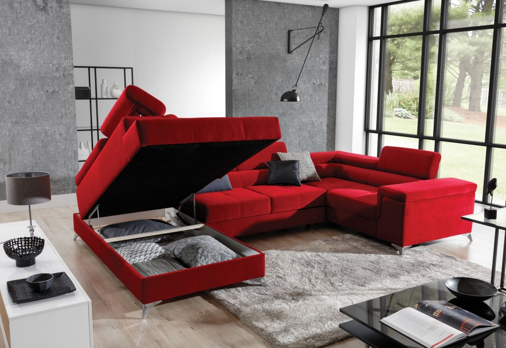 MODELL „THIAGO“ ECKSOFA IN U-FORM IN ROT SAMT  *)