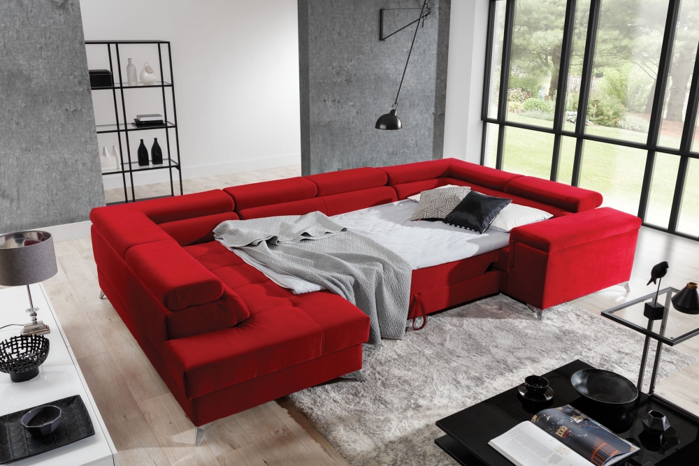 MODELL „THIAGO“ ECKSOFA IN U-FORM IN ROT SAMT  *)